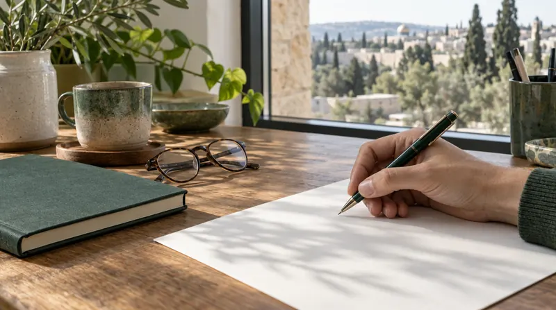 יד כותבת בעט על דף ריק, ליד פנקס צ׳קים סגור ומשקפיים