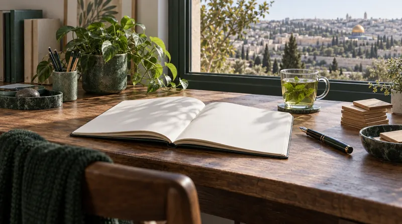 שולחן כתיבה עם מחברת פתוחה, עט נובע, כרטיסי אותיות עץ וכוס תה